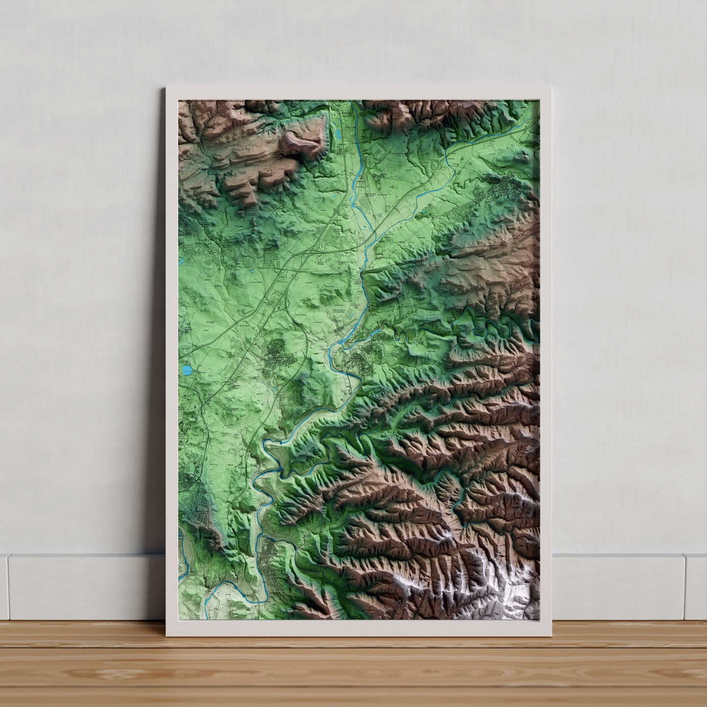 Mapa artístico del relieve de Navarcles, al Bages, con 15 km de entorno y base topográfica ICGC. Presentación enmarcada.