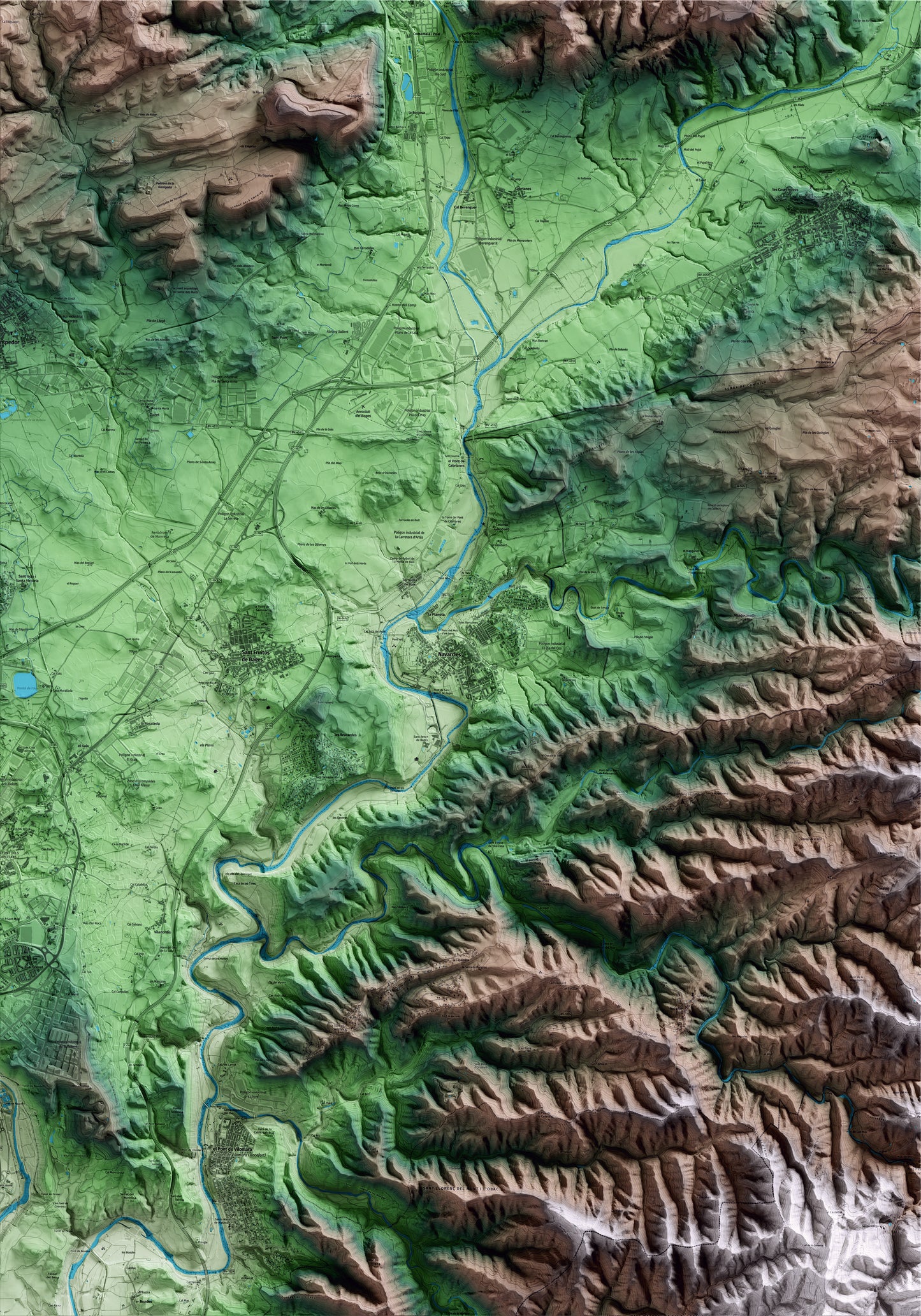 Mapa artístico del relieve de Navarcles, al Bages, con 15 km de entorno y base topográfica ICGC