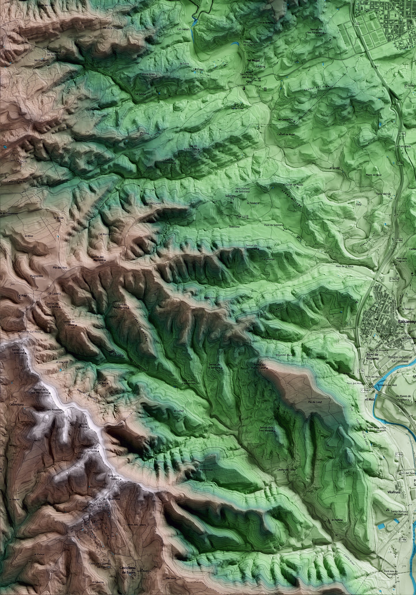 Mapa artístico del relieve de Navàs, al Bages, con 15 km de entorno y base topográfica ICGC. Detalle de la zona inferior izquierda.