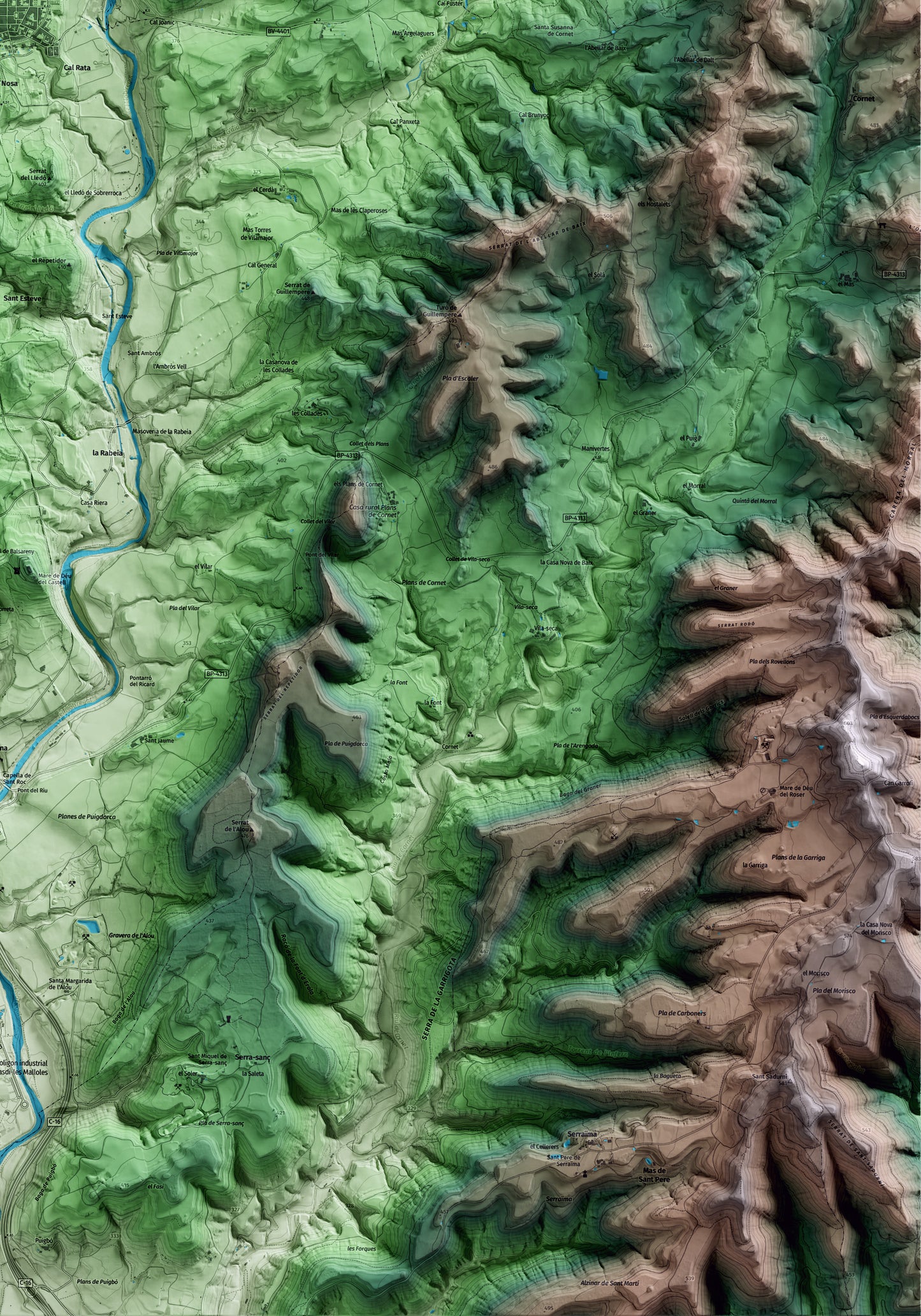 Mapa artístico del relieve de Navàs, al Bages, con 15 km de entorno y base topográfica ICGC. Detalle de la zona inferior derecha.