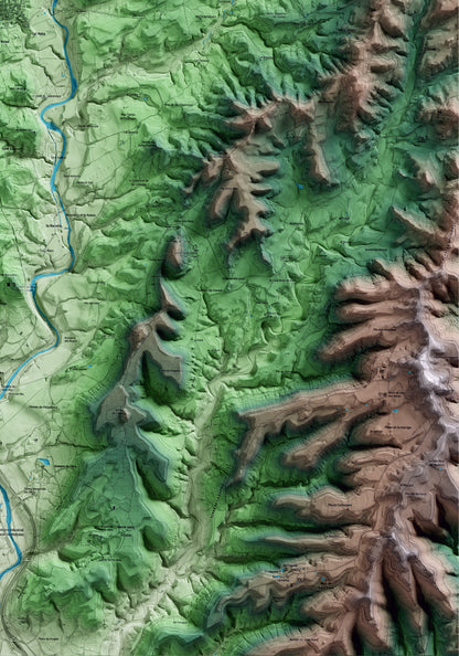 Mapa artístico del relieve de Navàs, al Bages, con 15 km de entorno y base topográfica ICGC. Detalle de la zona inferior derecha.