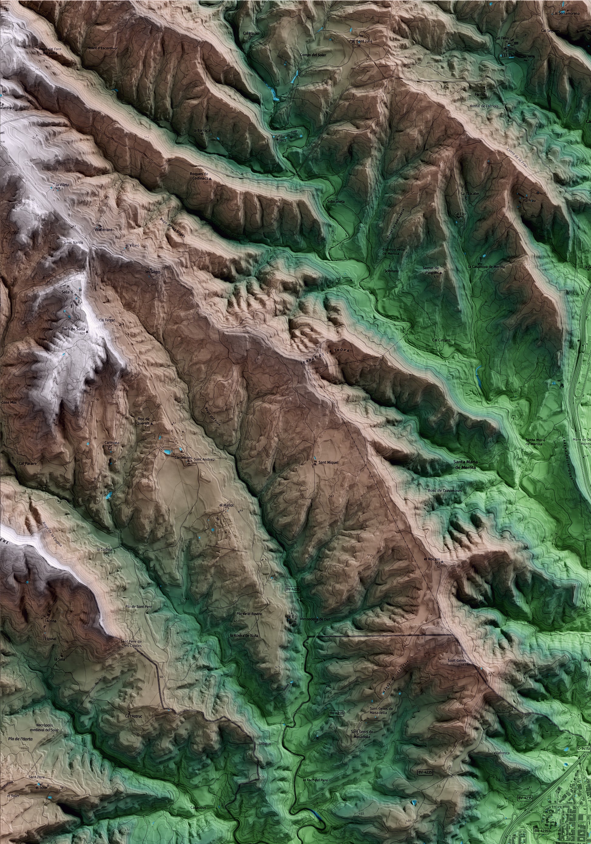 Mapa artístico del relieve de Navàs, al Bages, con 15 km de entorno y base topográfica ICGC. Detalle de la zona superior izquierda.