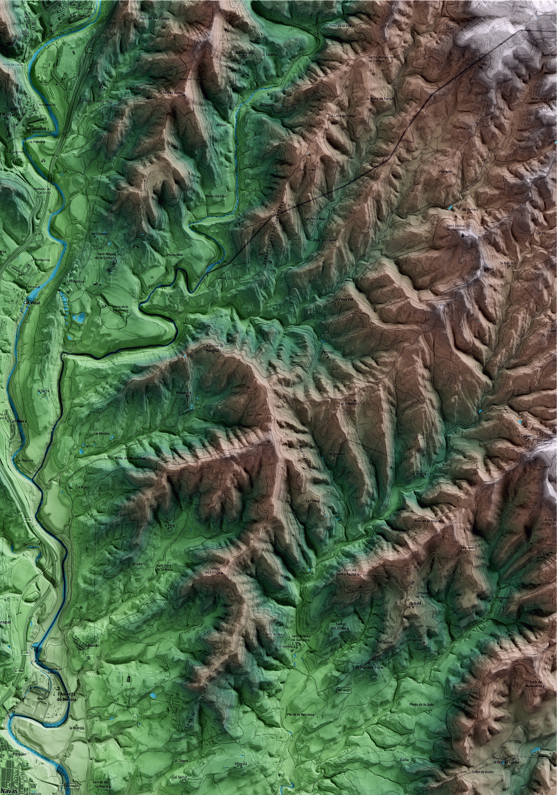 Mapa artístico del relieve de Navàs, al Bages, con 15 km de entorno y base topográfica ICGC. Detalle de la zona superior derecha.