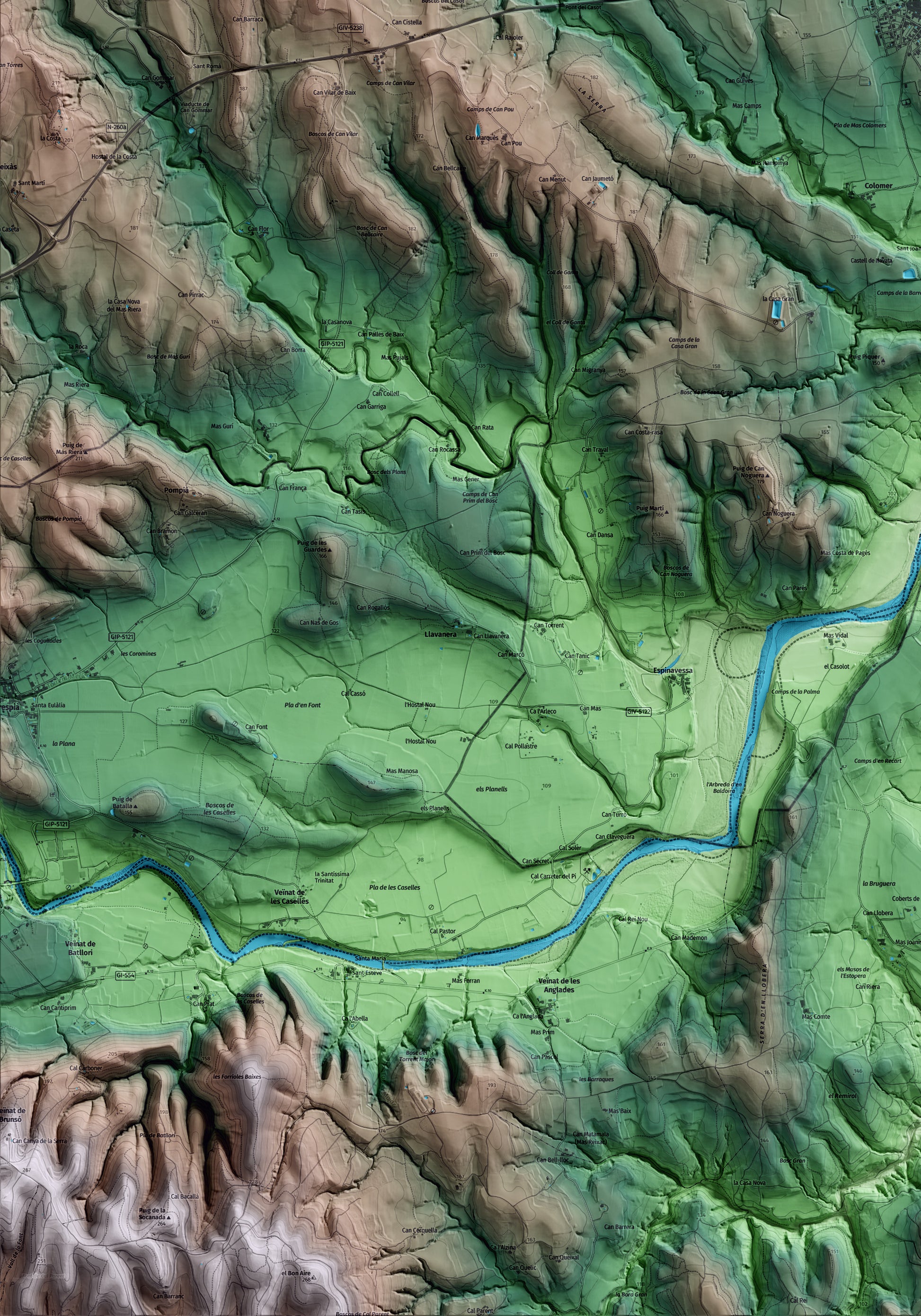 Mapa artístico del relieve de Navata, al Alt Empordà, con 15 km de entorno y base topográfica ICGC. Detalle de la zona inferior izquierda.