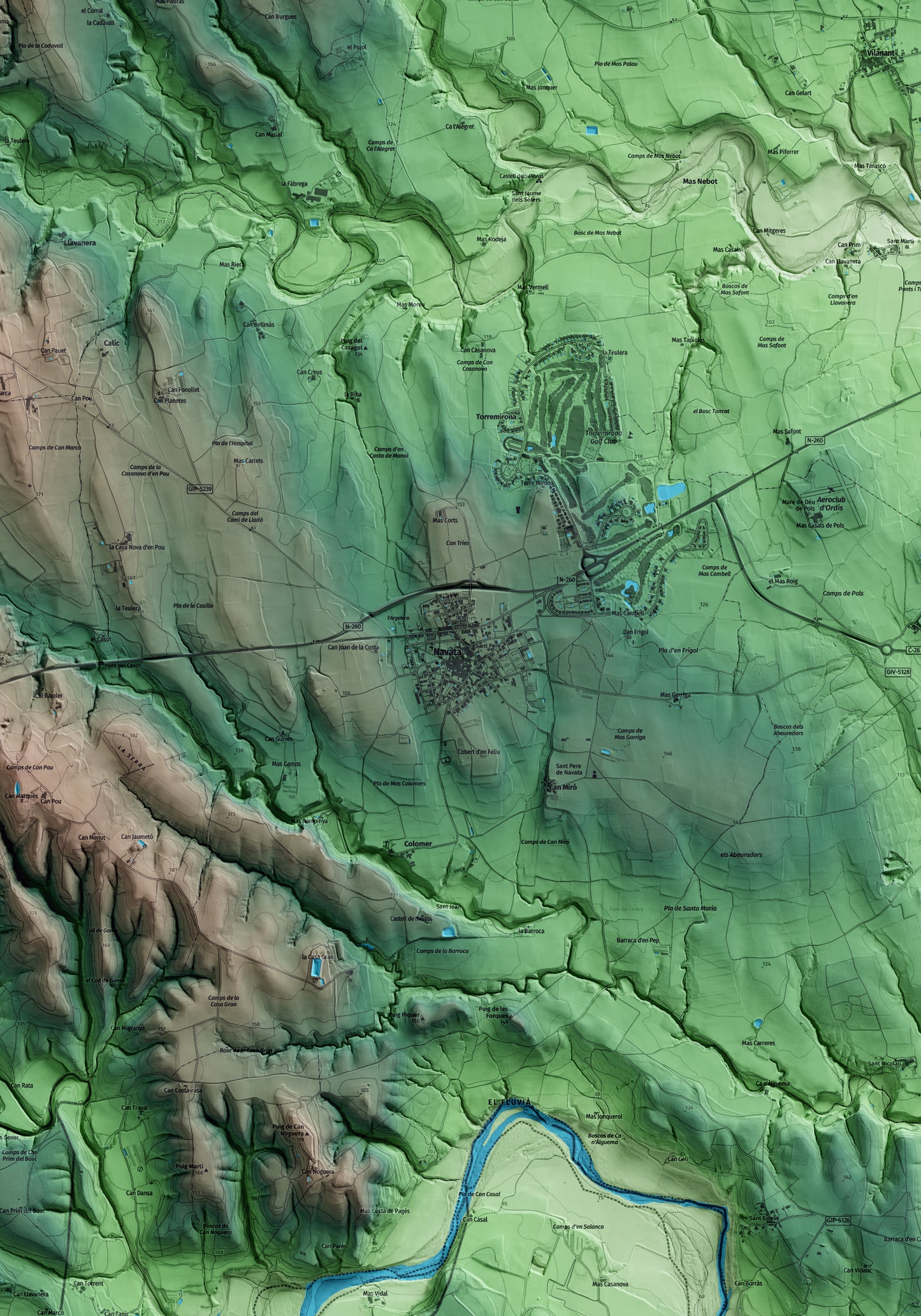 Mapa artístico del relieve de Navata, al Alt Empordà, con 15 km de entorno y base topográfica ICGC. Detalle de la zona central.