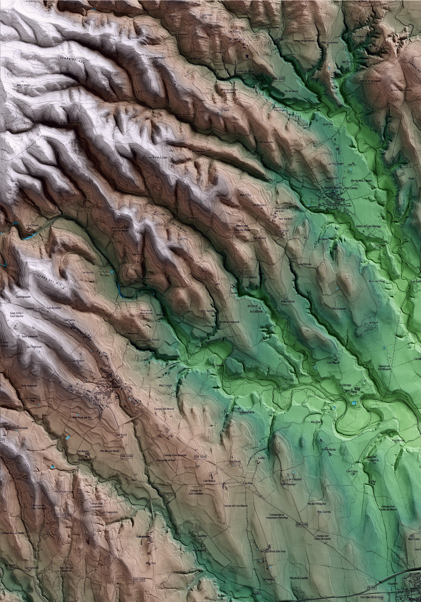Mapa artístico del relieve de Navata, al Alt Empordà, con 15 km de entorno y base topográfica ICGC. Detalle de la zona superior izquierda.