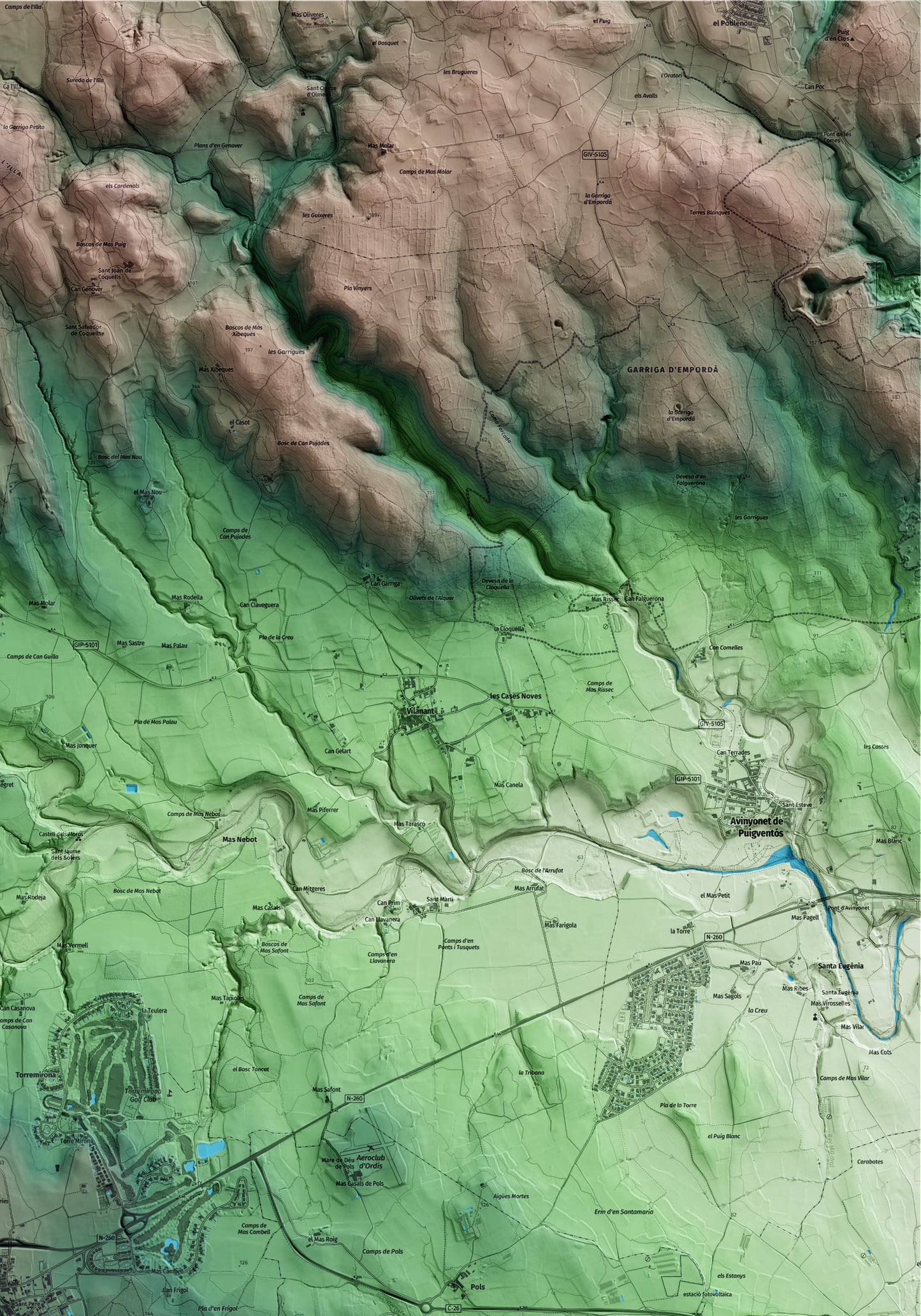 Mapa artístico del relieve de Navata, al Alt Empordà, con 15 km de entorno y base topográfica ICGC. Detalle de la zona superior derecha.
