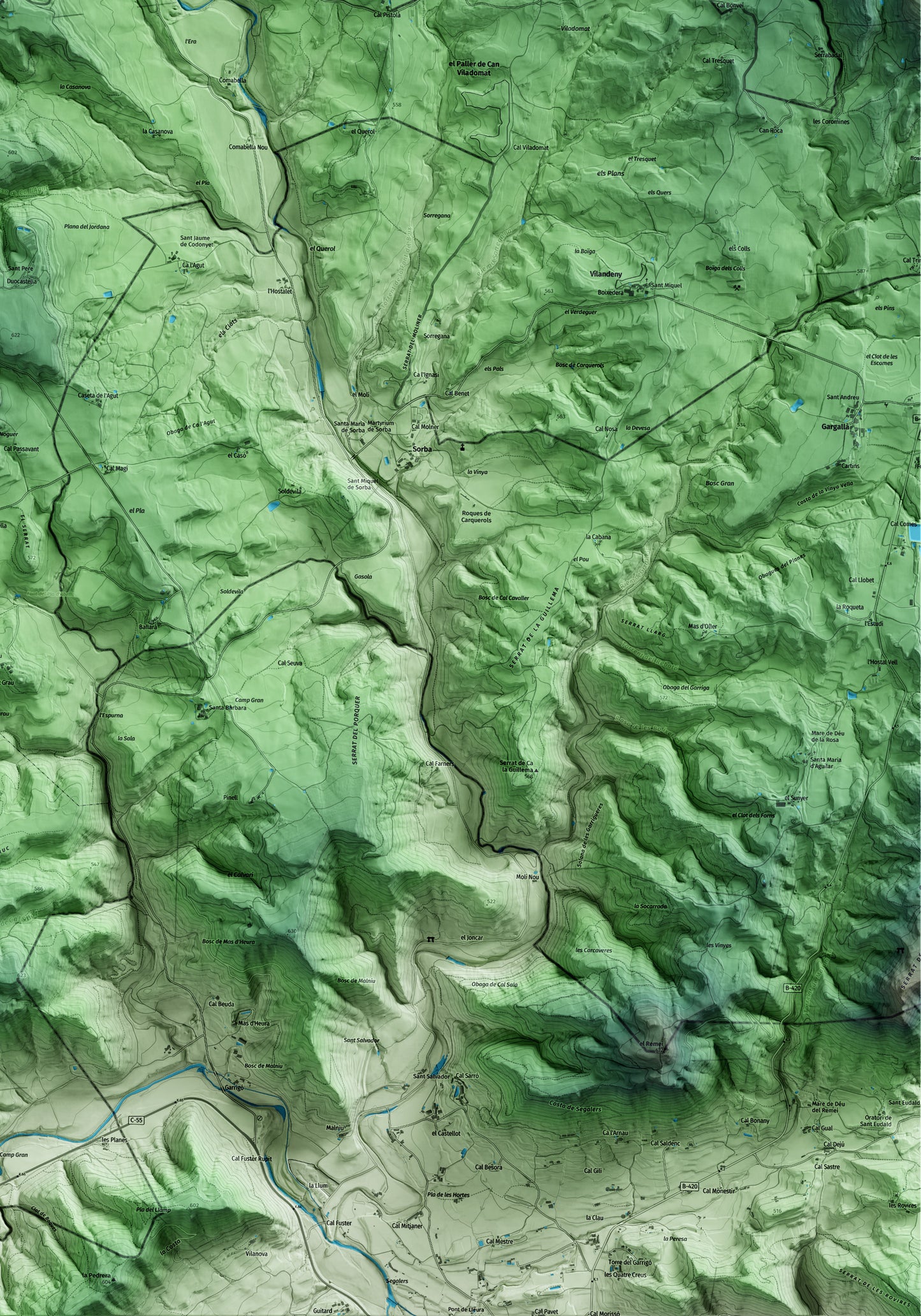Mapa artístico del relieve de Navès, al Solsonès, con 15 km de entorno y base topográfica ICGC. Detalle de la zona inferior derecha.