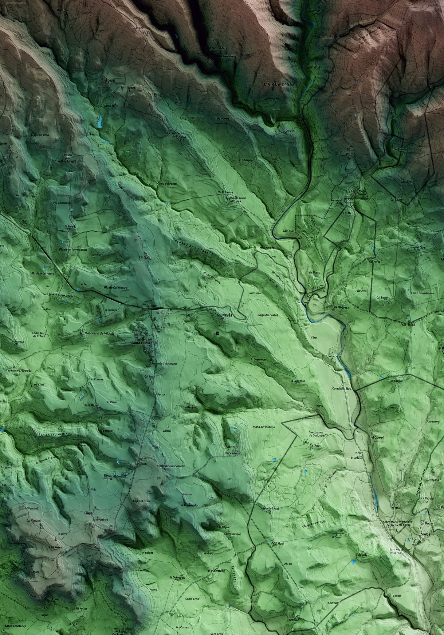 Mapa artístico del relieve de Navès, al Solsonès, con 15 km de entorno y base topográfica ICGC. Detalle de la zona central.