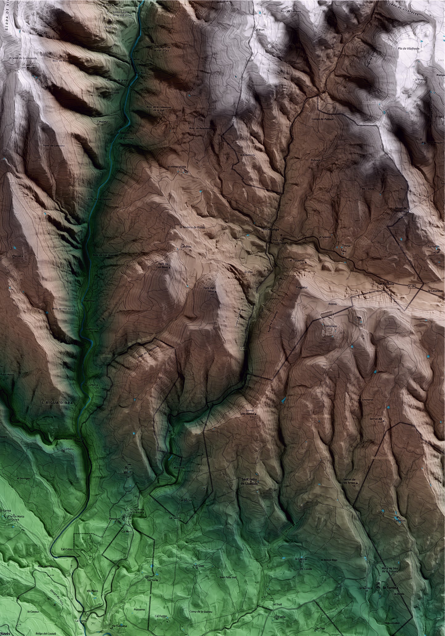 Mapa artístico del relieve de Navès, al Solsonès, con 15 km de entorno y base topográfica ICGC. Detalle de la zona superior derecha.