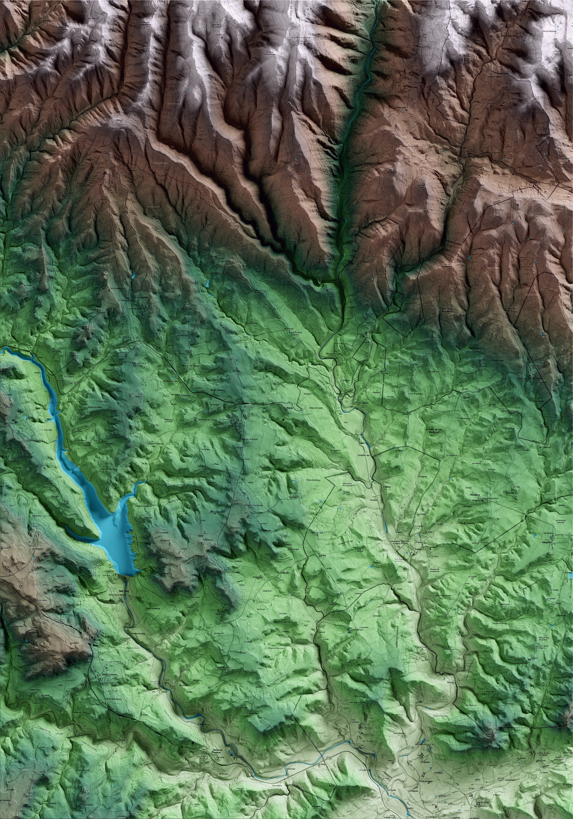 Mapa artístico del relieve de Navès, al Solsonès, con 15 km de entorno y base topográfica ICGC
