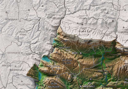 Mapa de relleu de la Noguera, amb el territori en color i l’entorn en blanc. Detall de la part superior esquerra. 21 × 30 cm. Estil Clàssic.