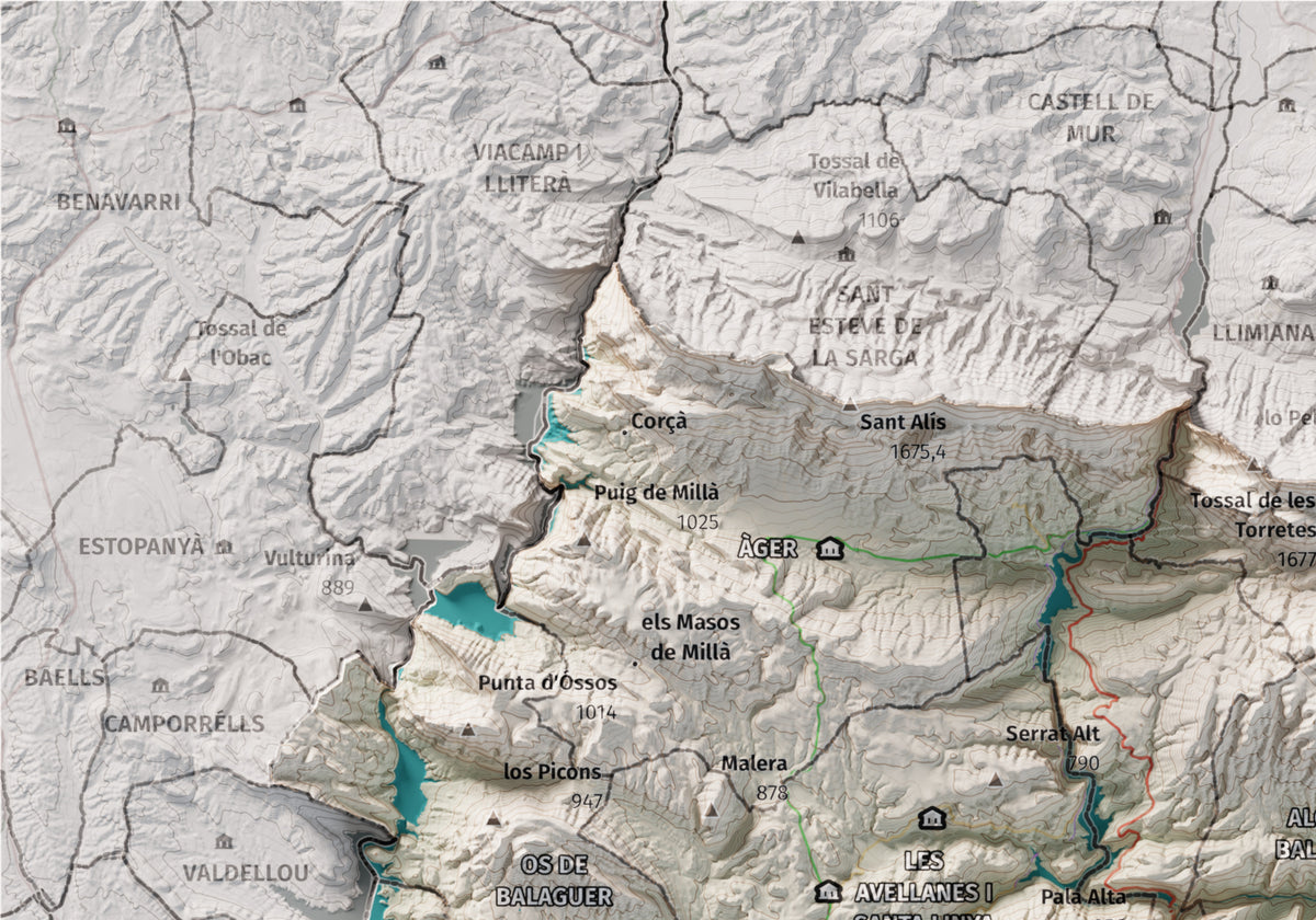 Mapa de relleu de la Noguera, amb el territori en color i l’entorn en blanc. Detall de la part superior esquerra. 21 × 30 cm. Estil Cartogràfic.