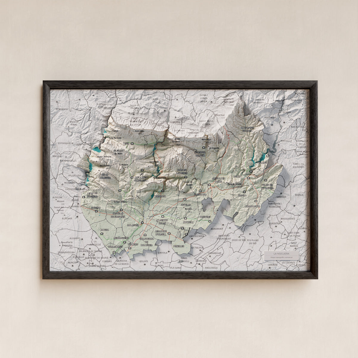 Mapa de relleu de la Noguera, amb el territori en color i l’entorn en blanc. Presentació amb marc. 21 × 30 cm. Estil Cartogràfic.