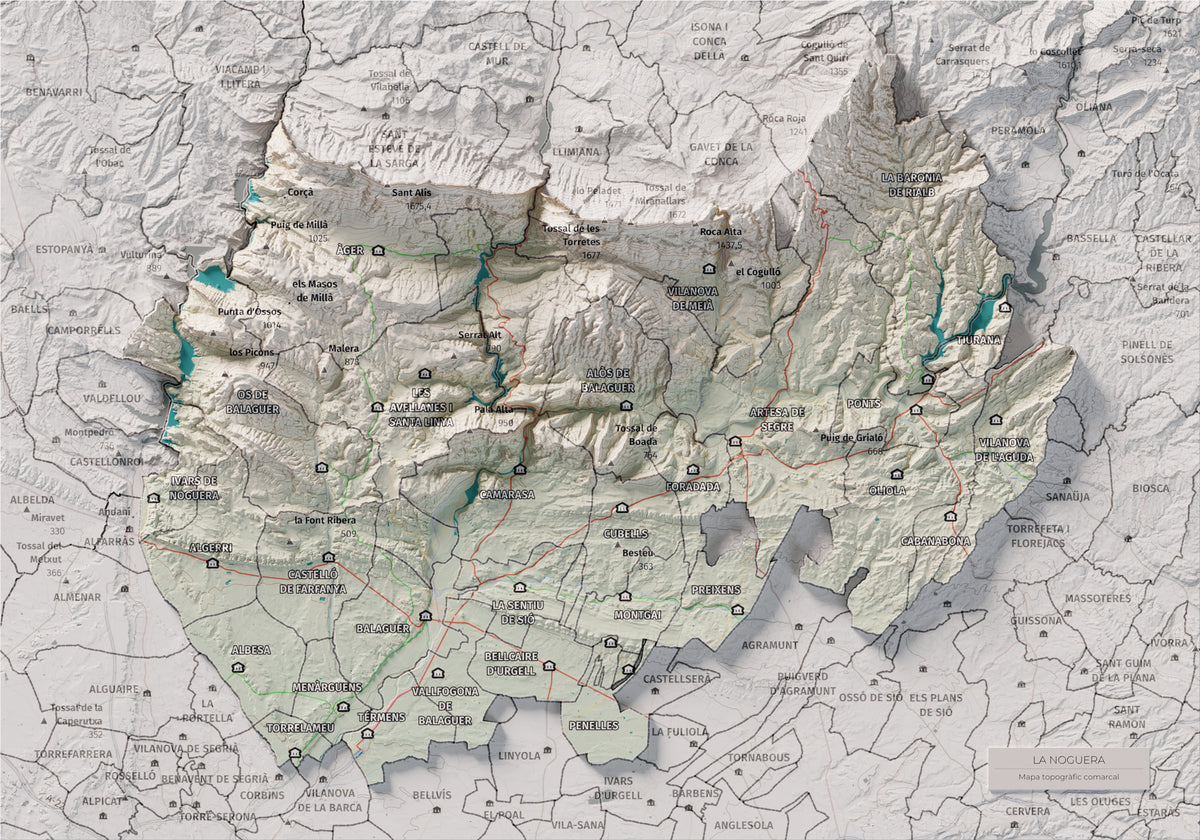 Mapa de relleu de la Noguera, amb el territori en color i l’entorn en blanc. Vista completa de la làmina. 21 × 30 cm. Estil Cartogràfic.