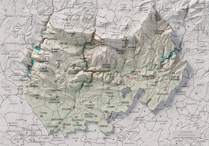 Mapa de relleu de la Noguera, amb el territori en color i l’entorn en blanc. Vista completa de la làmina. 21 × 30 cm. Estil Cartogràfic.