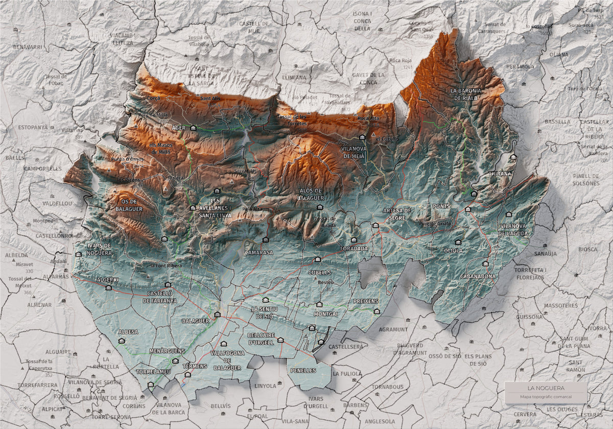 Mapa de relleu de la Noguera, amb el territori en color i l’entorn en blanc. Vista completa de la làmina. 21 × 30 cm. Estil Blau i taronja.