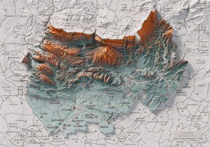 Mapa de relleu de la Noguera, amb el territori en color i l’entorn en blanc. Vista completa de la làmina. 21 × 30 cm. Estil Blau i taronja.