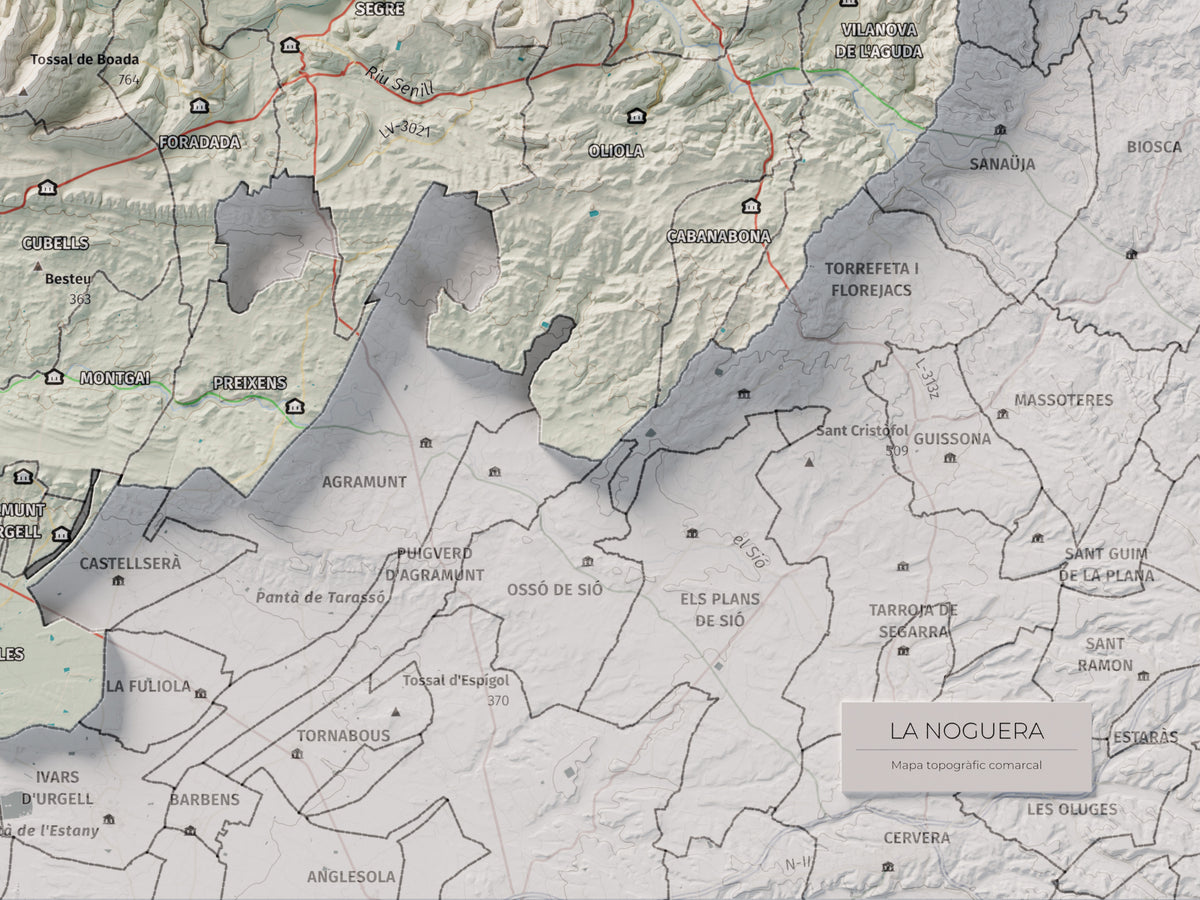 Mapa de relleu de la Noguera, amb el territori en color i l’entorn en blanc. Detall de la part inferior dreta. 30 × 40 cm. Estil Cartogràfic.