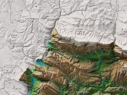 Mapa de relleu de la Noguera, amb el territori en color i l’entorn en blanc. Detall de la part superior esquerra. 30 × 40 cm. Estil Clàssic.