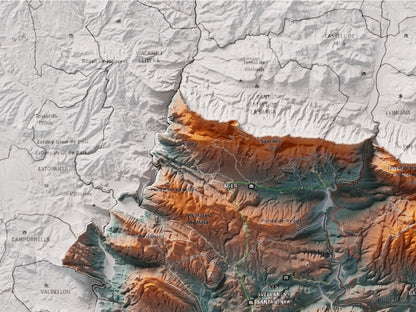 Mapa de relleu de la Noguera, amb el territori en color i l’entorn en blanc. Detall de la part superior esquerra. 30 × 40 cm. Estil Blau i taronja.