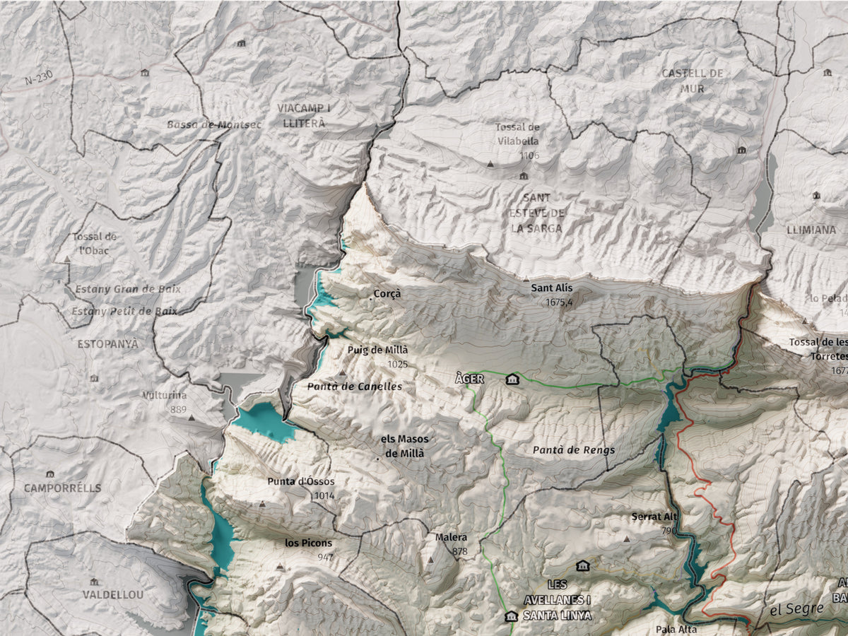 Mapa de relleu de la Noguera, amb el territori en color i l’entorn en blanc. Detall de la part superior esquerra. 30 × 40 cm. Estil Cartogràfic.