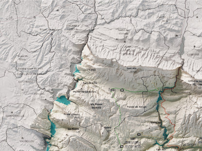 Mapa de relleu de la Noguera, amb el territori en color i l’entorn en blanc. Detall de la part superior esquerra. 30 × 40 cm. Estil Cartogràfic.
