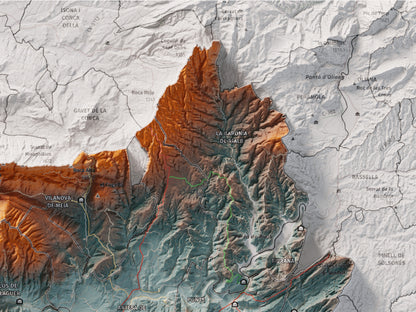 Mapa de relleu de la Noguera, amb el territori en color i l’entorn en blanc. Detall de la part superior dreta. 30 × 40 cm. Estil Blau i taronja.