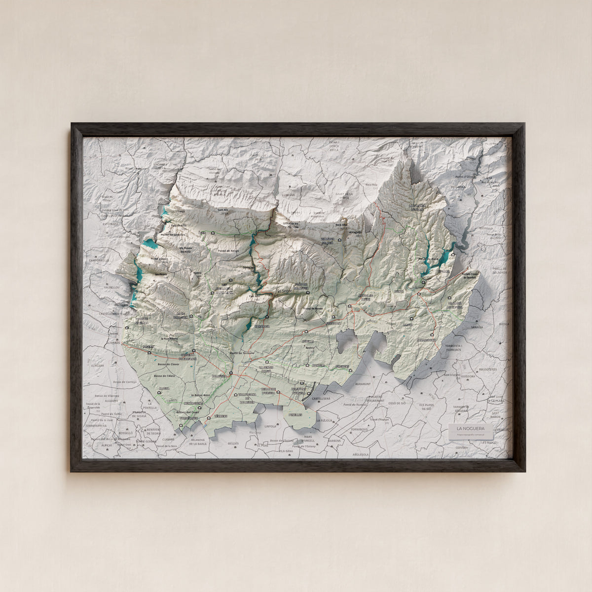 Mapa de relleu de la Noguera, amb el territori en color i l’entorn en blanc. Presentació amb marc. 30 × 40 cm. Estil Cartogràfic.