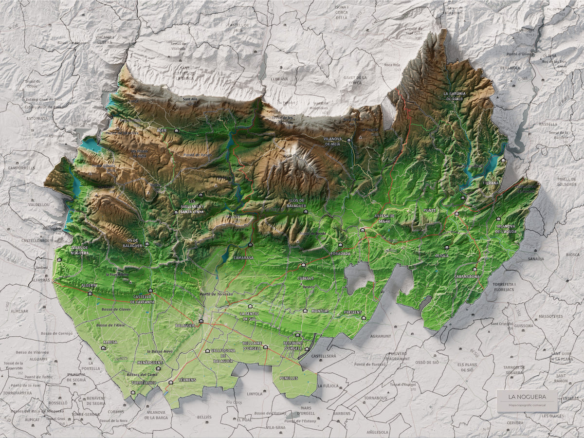 Mapa de relleu de la Noguera, amb el territori en color i l’entorn en blanc. Vista completa de la làmina. 30 × 40 cm. Estil Clàssic.