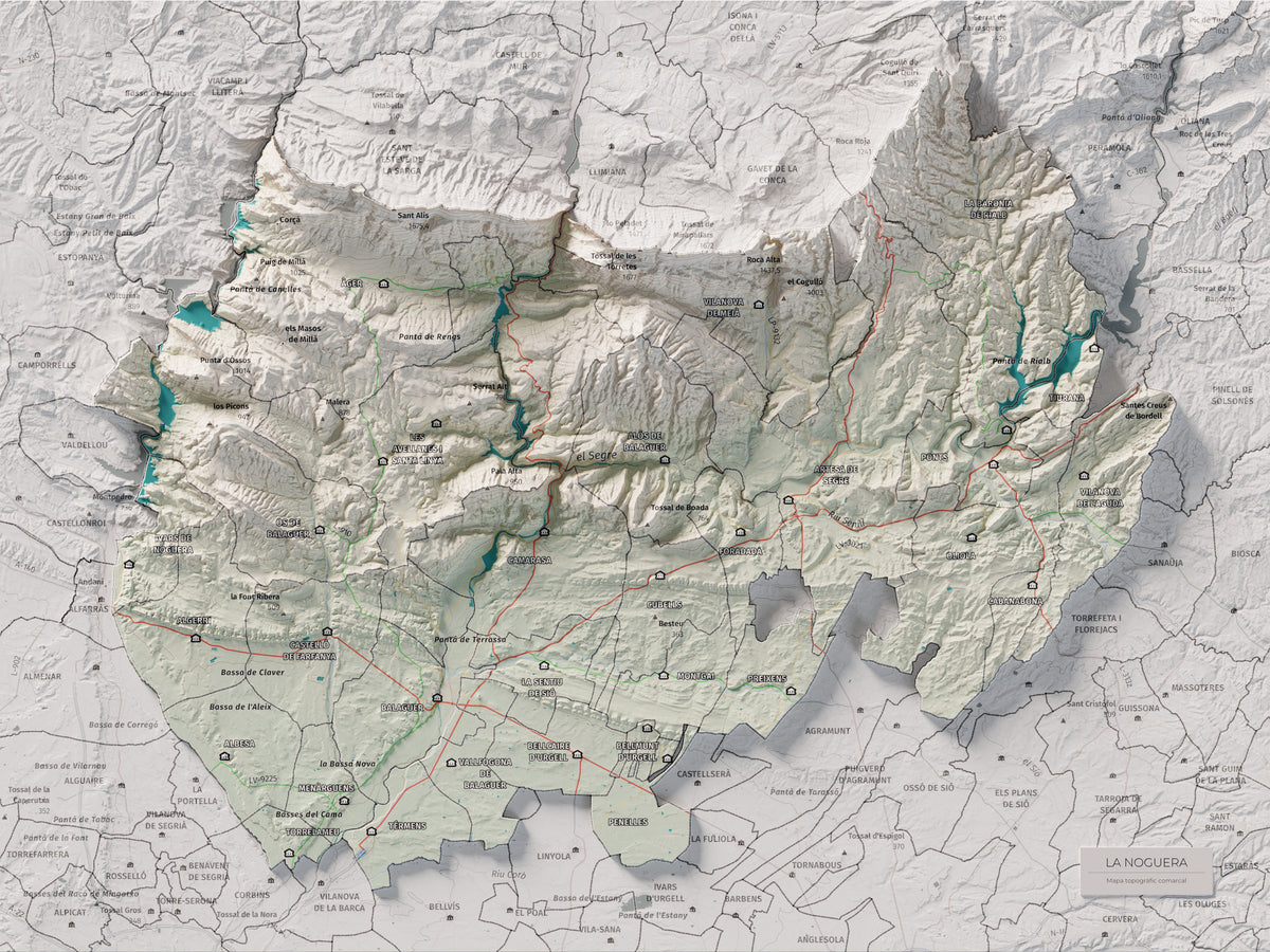 Mapa de relleu de la Noguera, amb el territori en color i l’entorn en blanc. Vista completa de la làmina. 30 × 40 cm. Estil Cartogràfic.