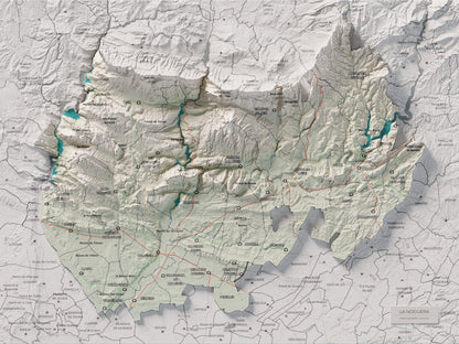 Mapa de relleu de la Noguera, amb el territori en color i l’entorn en blanc. Vista completa de la làmina. 30 × 40 cm. Estil Cartogràfic.