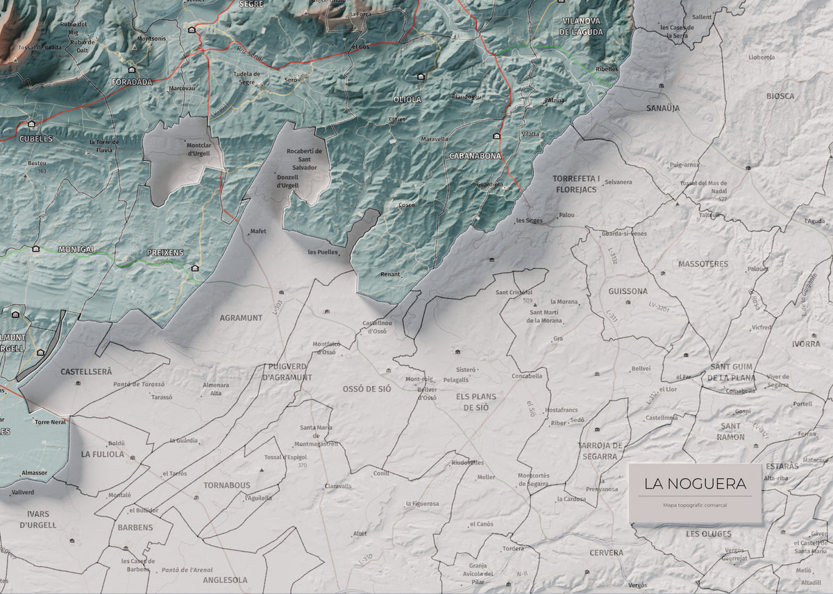 Mapa de relleu de la Noguera, amb el territori en color i l’entorn en blanc. Detall de la part inferior dreta. 50 × 70 cm. Estil Blau i taronja.
