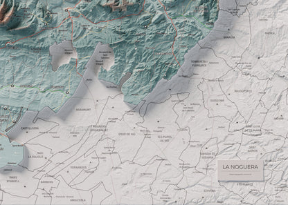 Mapa de relleu de la Noguera, amb el territori en color i l’entorn en blanc. Detall de la part inferior dreta. 50 × 70 cm. Estil Blau i taronja.