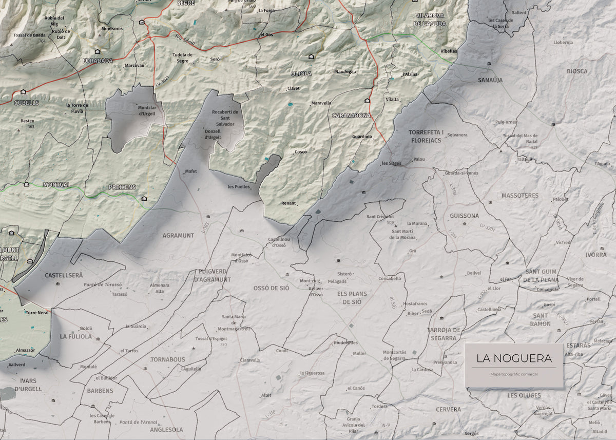 Mapa de relleu de la Noguera, amb el territori en color i l’entorn en blanc. Detall de la part inferior dreta. 50 × 70 cm. Estil Cartogràfic.