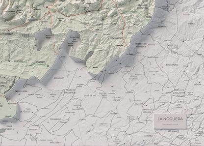 Mapa de relleu de la Noguera, amb el territori en color i l’entorn en blanc. Detall de la part inferior dreta. 50 × 70 cm. Estil Cartogràfic.