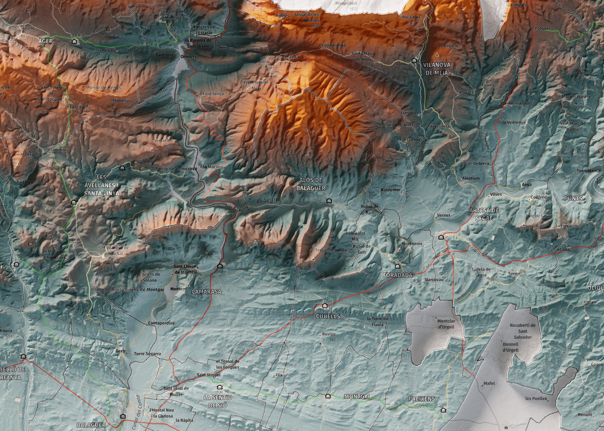 Mapa de relleu de la Noguera, amb el territori en color i l’entorn en blanc. Detall de la part central. 50 × 70 cm. Estil Blau i taronja.