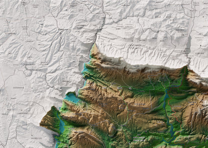 Mapa de relleu de la Noguera, amb el territori en color i l’entorn en blanc. Detall de la part superior esquerra. 50 × 70 cm. Estil Clàssic.