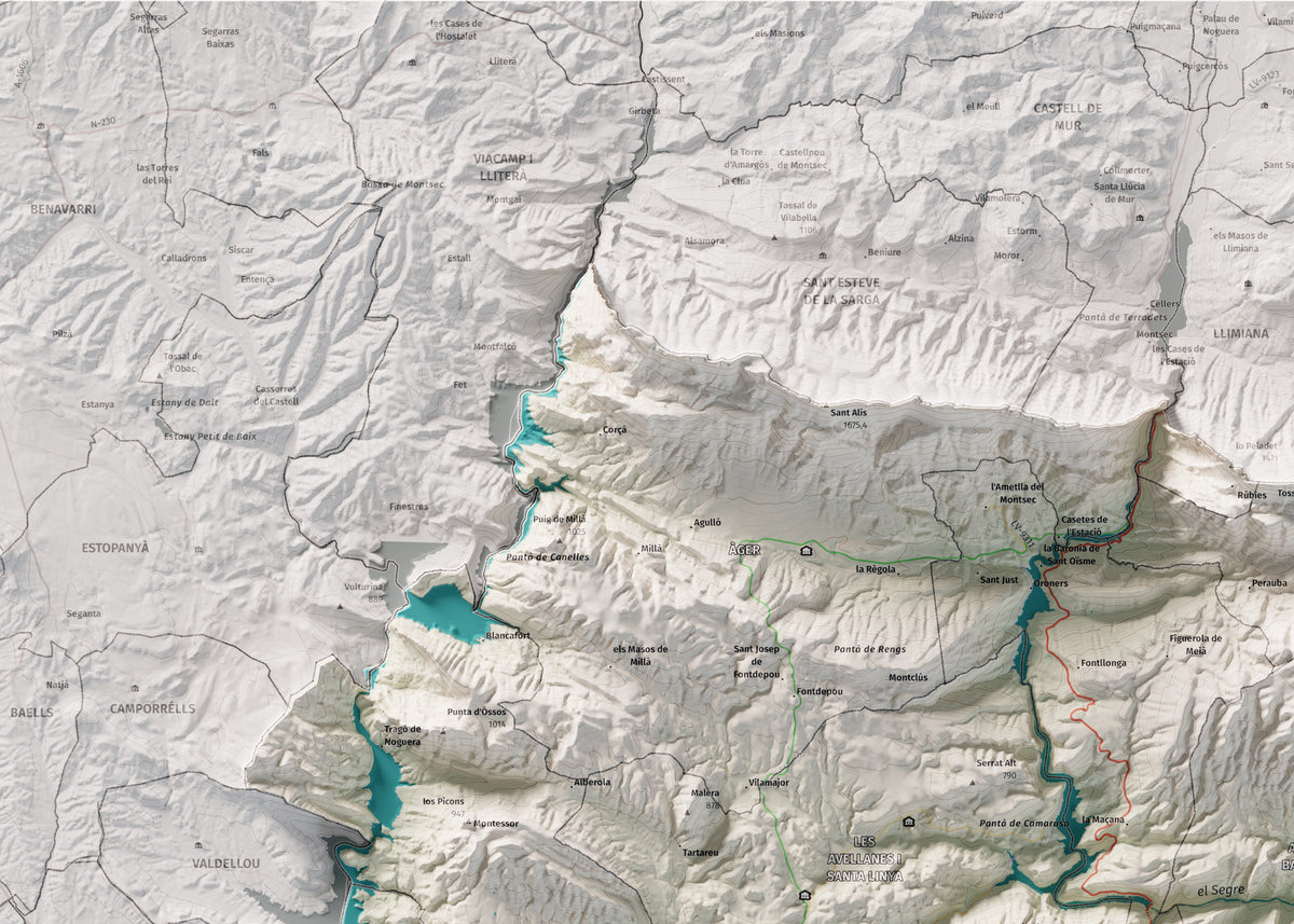 Mapa de relleu de la Noguera, amb el territori en color i l’entorn en blanc. Detall de la part superior esquerra. 50 × 70 cm. Estil Cartogràfic.