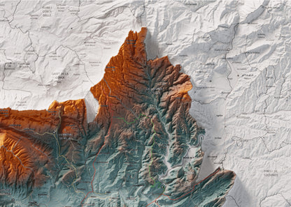 Mapa de relleu de la Noguera, amb el territori en color i l’entorn en blanc. Detall de la part superior dreta. 50 × 70 cm. Estil Blau i taronja.