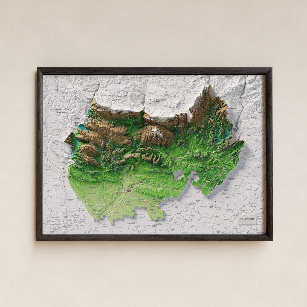 Mapa de relleu de la Noguera, amb el territori en color i l’entorn en blanc. Presentació amb marc. 50 × 70 cm. Estil Clàssic.