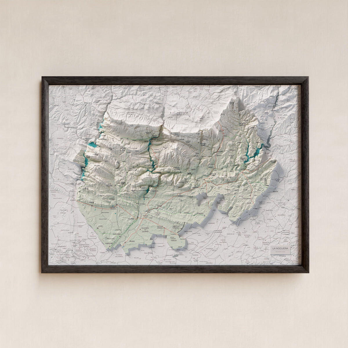 Mapa de relleu de la Noguera, amb el territori en color i l’entorn en blanc. Presentació amb marc. 50 × 70 cm. Estil Cartogràfic.