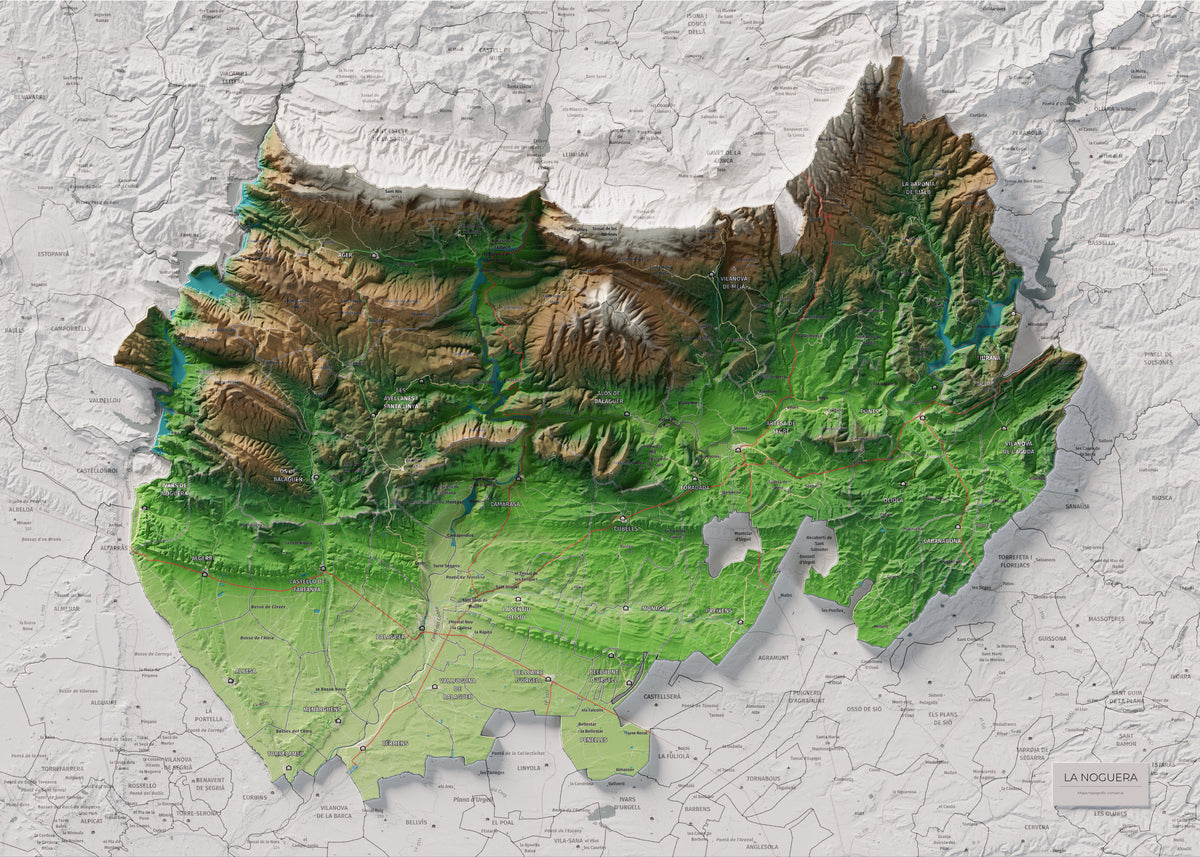 Mapa de relleu de la Noguera, amb el territori en color i l’entorn en blanc. Vista completa de la làmina. 50 × 70 cm. Estil Clàssic.