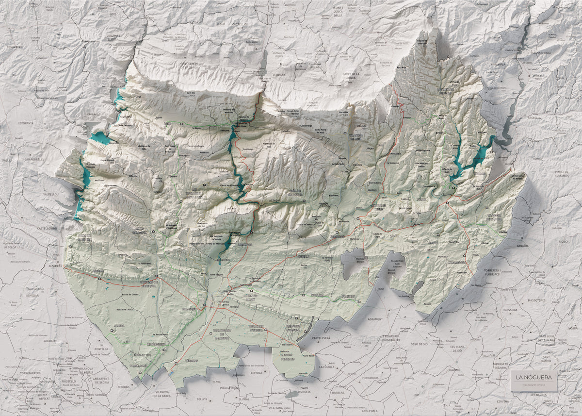Mapa de relleu de la Noguera, amb el territori en color i l’entorn en blanc. Vista completa de la làmina. 50 × 70 cm. Estil Cartogràfic.