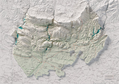 Mapa de relleu de la Noguera, amb el territori en color i l’entorn en blanc. Vista completa de la làmina. 50 × 70 cm. Estil Cartogràfic.