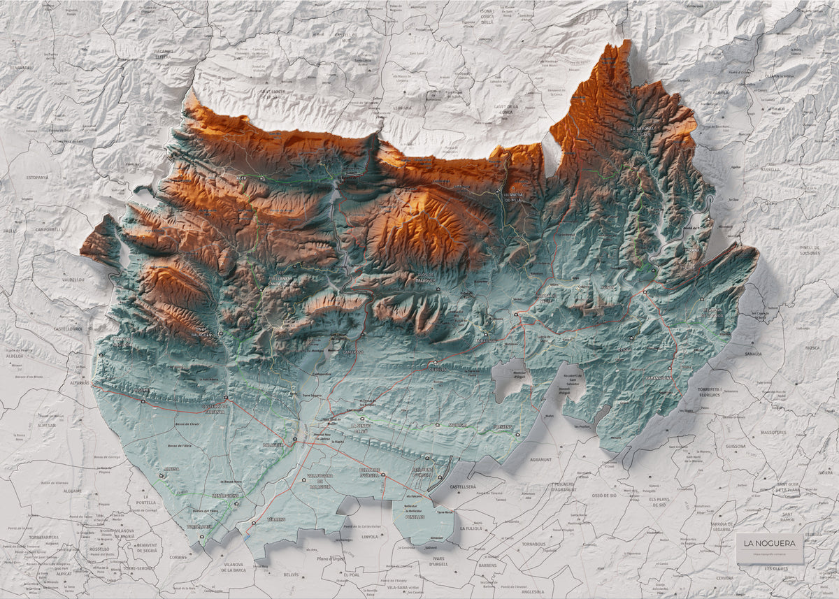 Mapa de relleu de la Noguera, amb el territori en color i l’entorn en blanc. Vista completa de la làmina. 50 × 70 cm. Estil Blau i taronja.