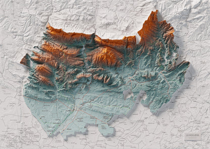 Mapa de relleu de la Noguera, amb el territori en color i l’entorn en blanc. Vista completa de la làmina. 50 × 70 cm. Estil Blau i taronja.