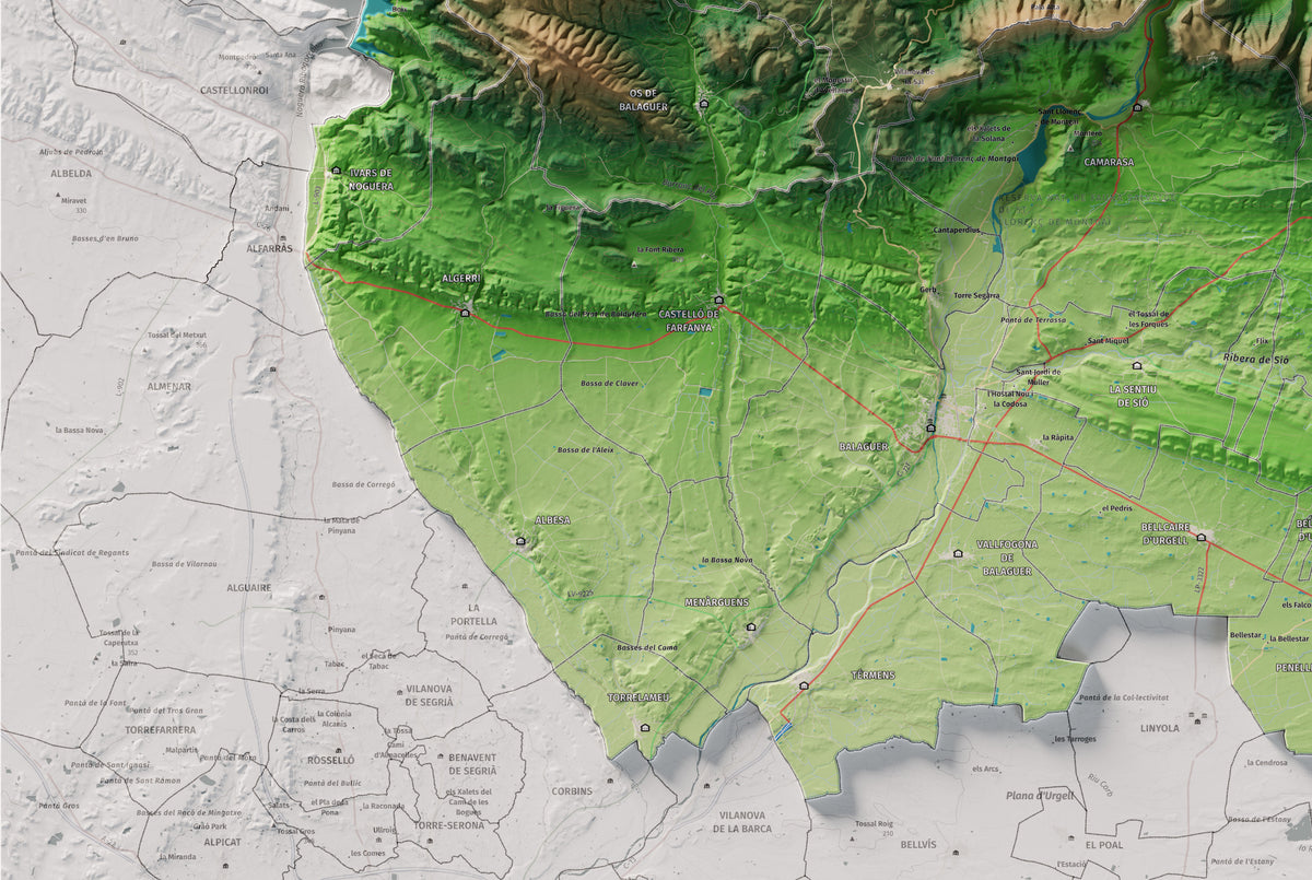 Mapa de relleu de la Noguera, amb el territori en color i l’entorn en blanc. Detall de la part inferior esquerra. 61 × 91 cm. Estil Clàssic.