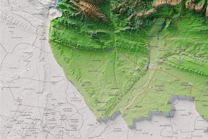 Mapa de relleu de la Noguera, amb el territori en color i l’entorn en blanc. Detall de la part inferior esquerra. 61 × 91 cm. Estil Clàssic.