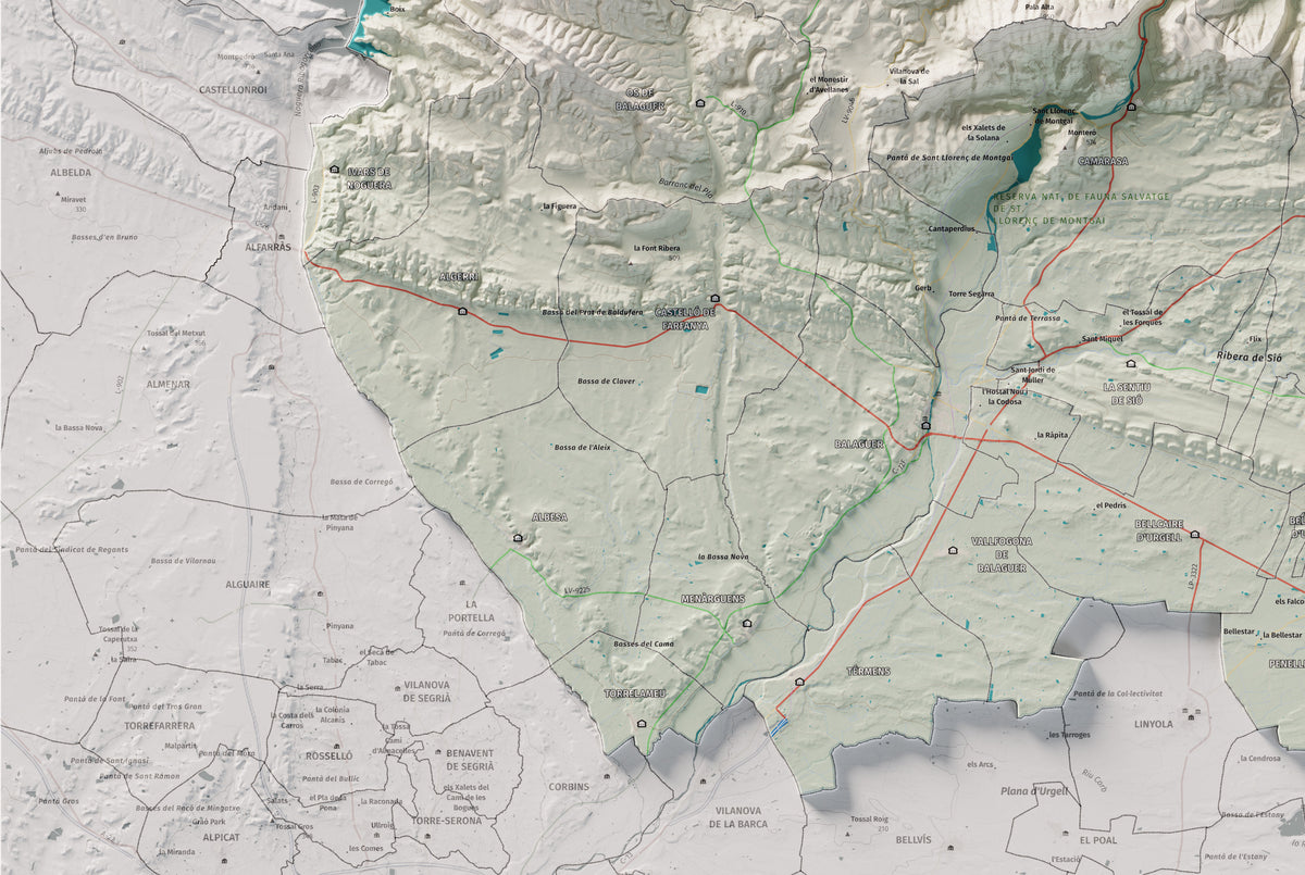 Mapa de relleu de la Noguera, amb el territori en color i l’entorn en blanc. Detall de la part inferior esquerra. 61 × 91 cm. Estil Cartogràfic.
